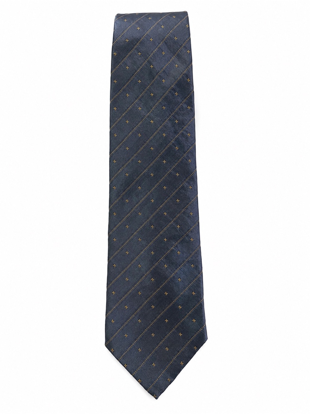 Harrods London Men's Silk Tie Navy Blue Gold Geometric Stripe Luxury Necktie